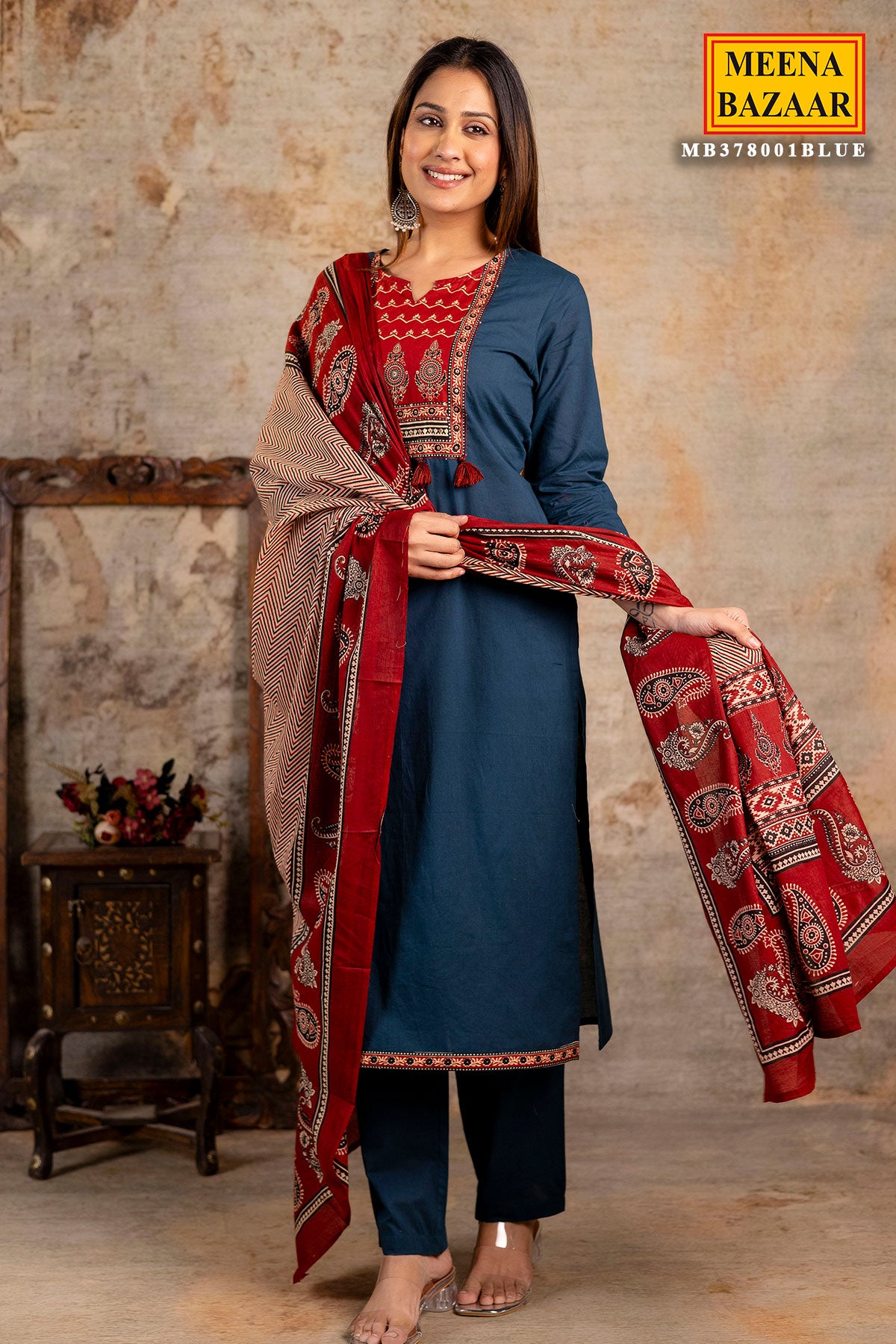 Blue Cotton Printed Suit Set With Dupatta