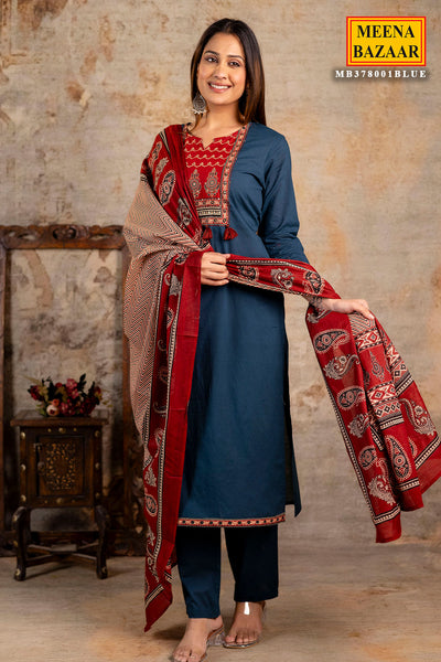 Blue Cotton Printed Suit Set With Dupatta