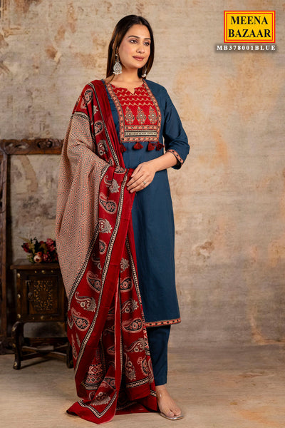 Blue Cotton Printed Suit Set With Dupatta