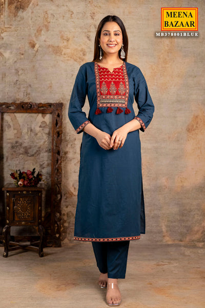 Blue Cotton Printed Suit Set With Dupatta