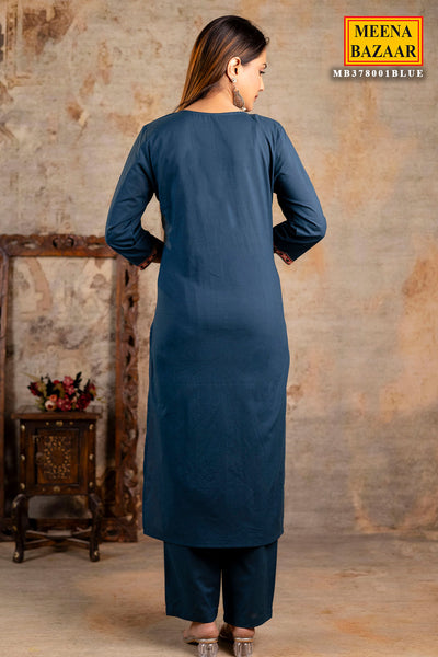 Blue Cotton Printed Suit Set With Dupatta