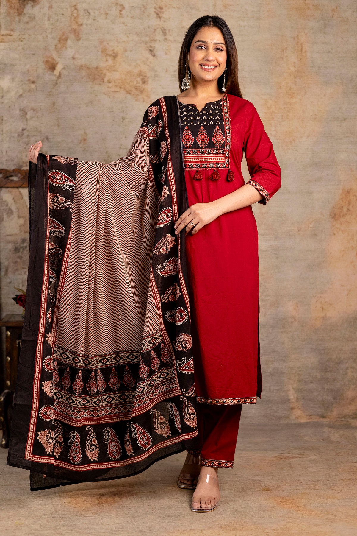 Maroon Cotton Printed Suit Set With Dupatta