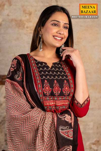 Maroon Cotton Printed Suit Set With Dupatta