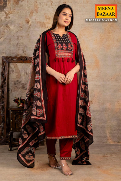 Maroon Cotton Printed Suit Set With Dupatta