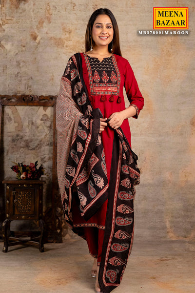 Maroon Cotton Printed Suit Set With Dupatta