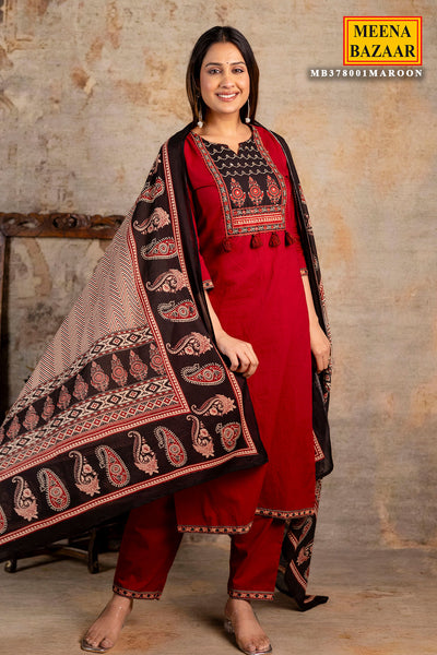 Maroon Cotton Printed Suit Set With Dupatta