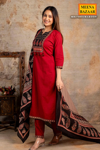 Maroon Cotton Printed Suit Set With Dupatta