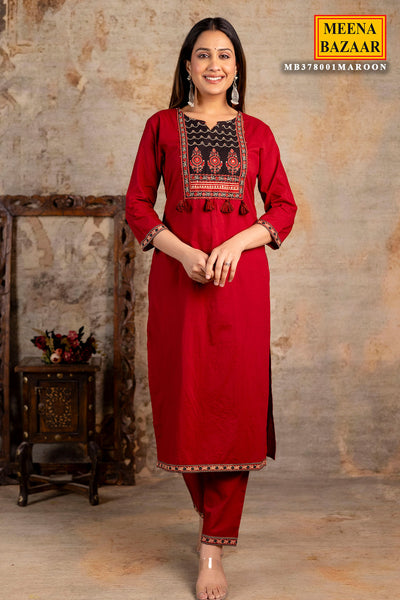 Maroon Cotton Printed Suit Set With Dupatta