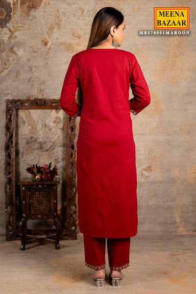 Maroon Cotton Printed Suit Set With Dupatta
