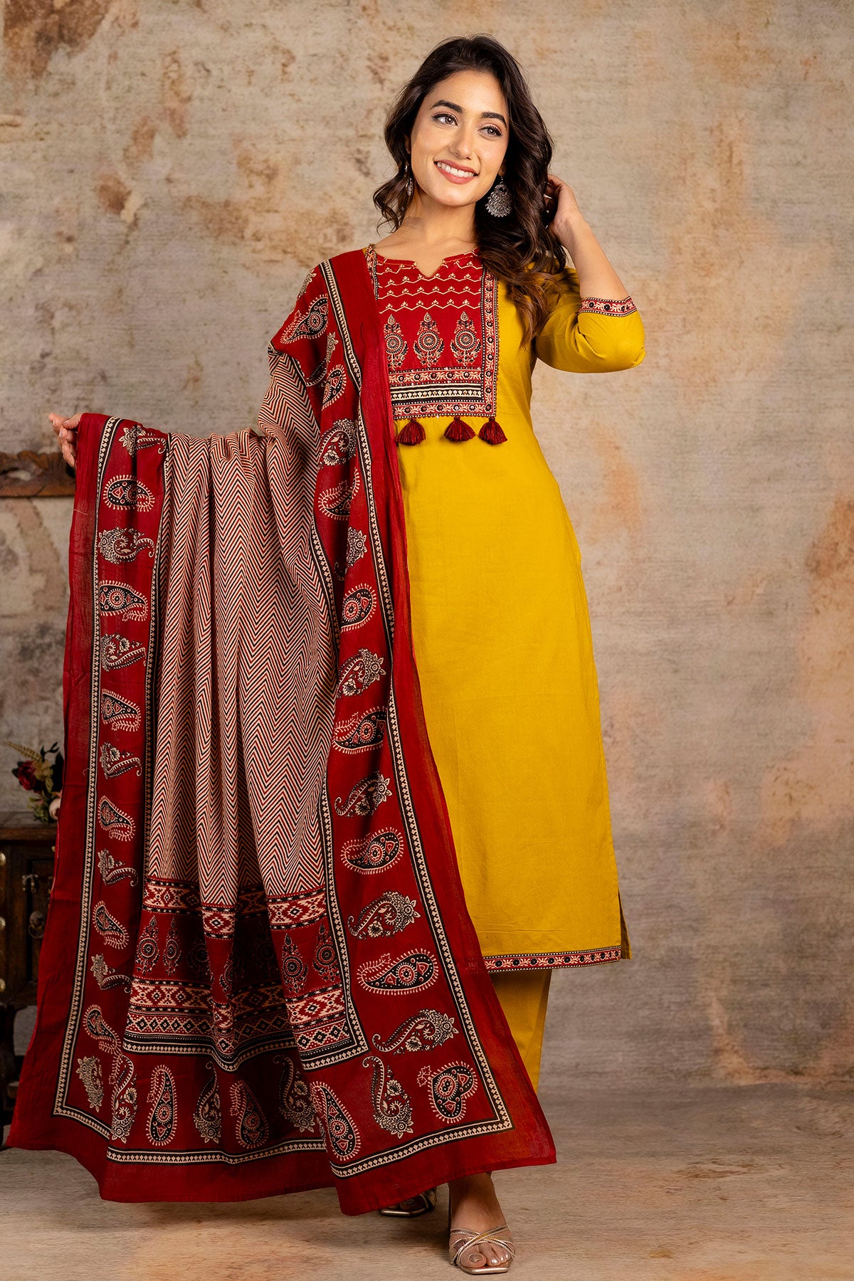 Mustard Cotton Printed Suit Set With Dupatta