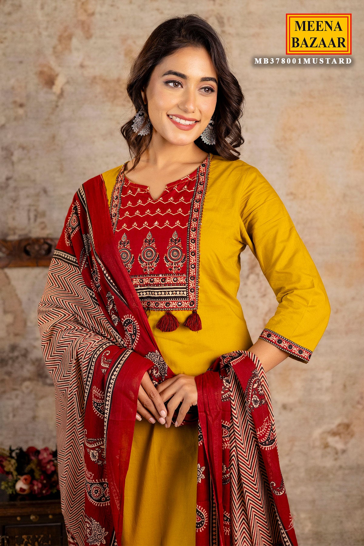 Mustard Cotton Printed Suit Set With Dupatta