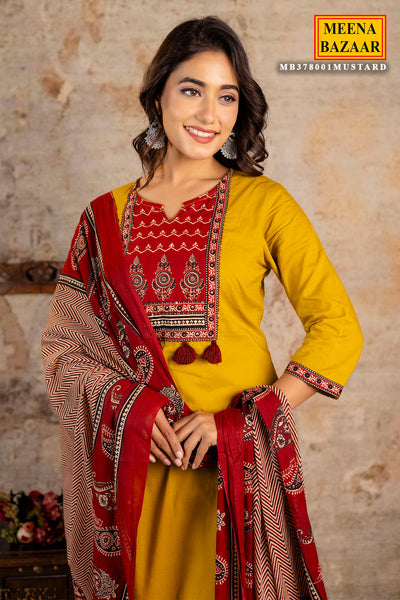 Mustard Cotton Printed Suit Set With Dupatta