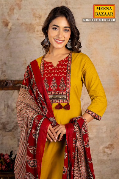 Mustard Cotton Printed Suit Set With Dupatta