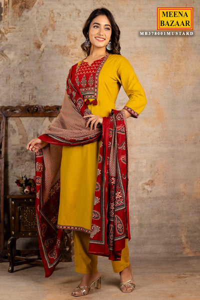 Mustard Cotton Printed Suit Set With Dupatta
