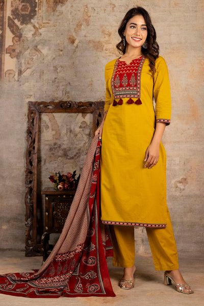 Mustard Cotton Printed Suit Set With Dupatta