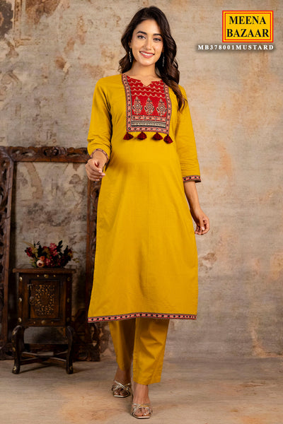 Mustard Cotton Printed Suit Set With Dupatta