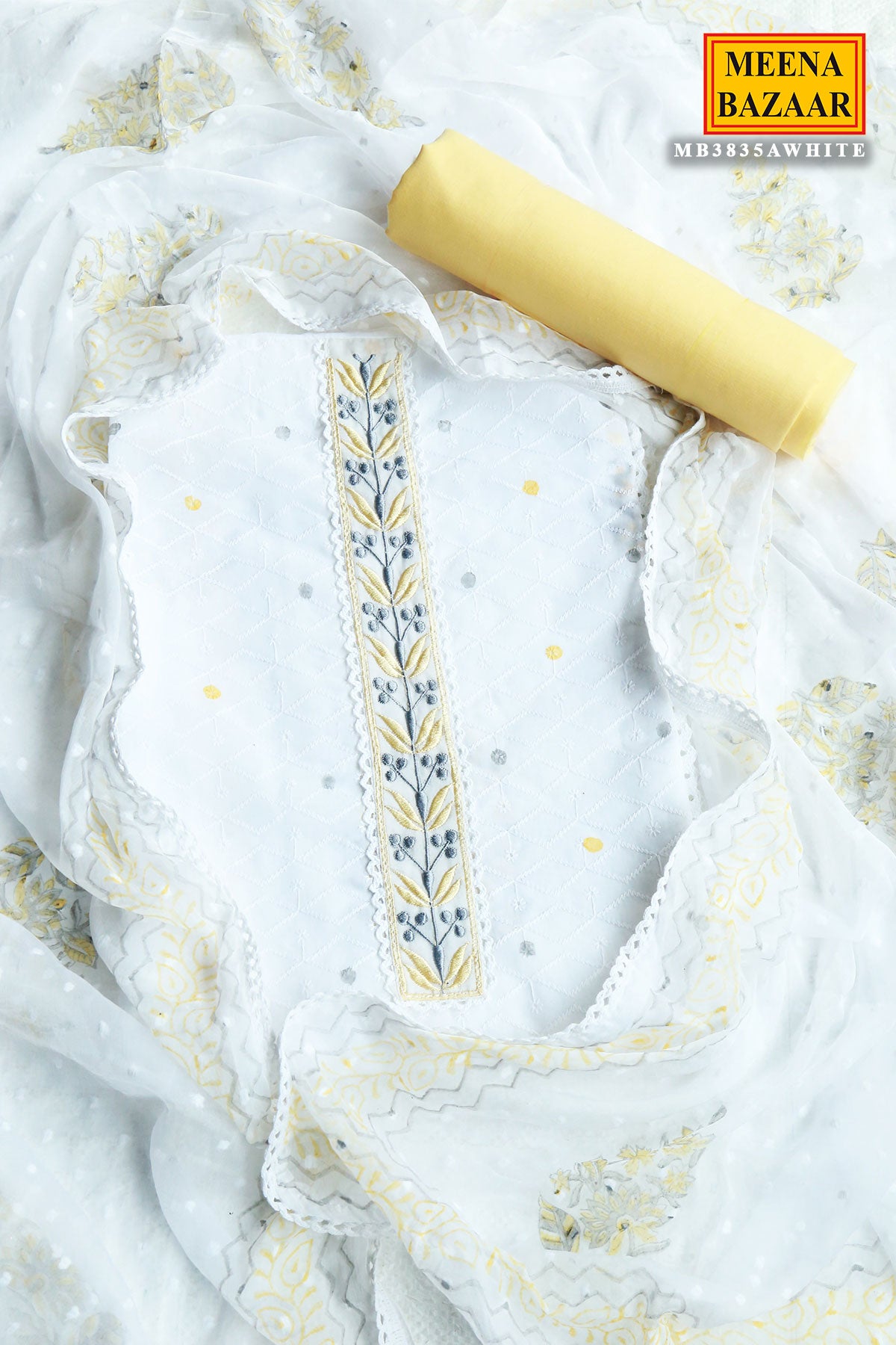 White & Lemon Printed Cotton Thread Embroidered Suit