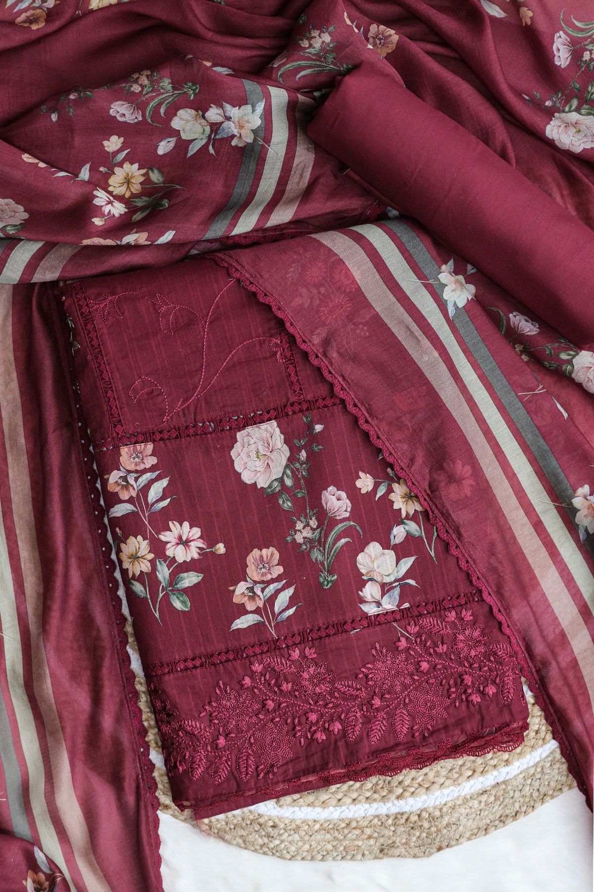 Maroon Glace Cotton Thread Embroidered Floral Printed Suit