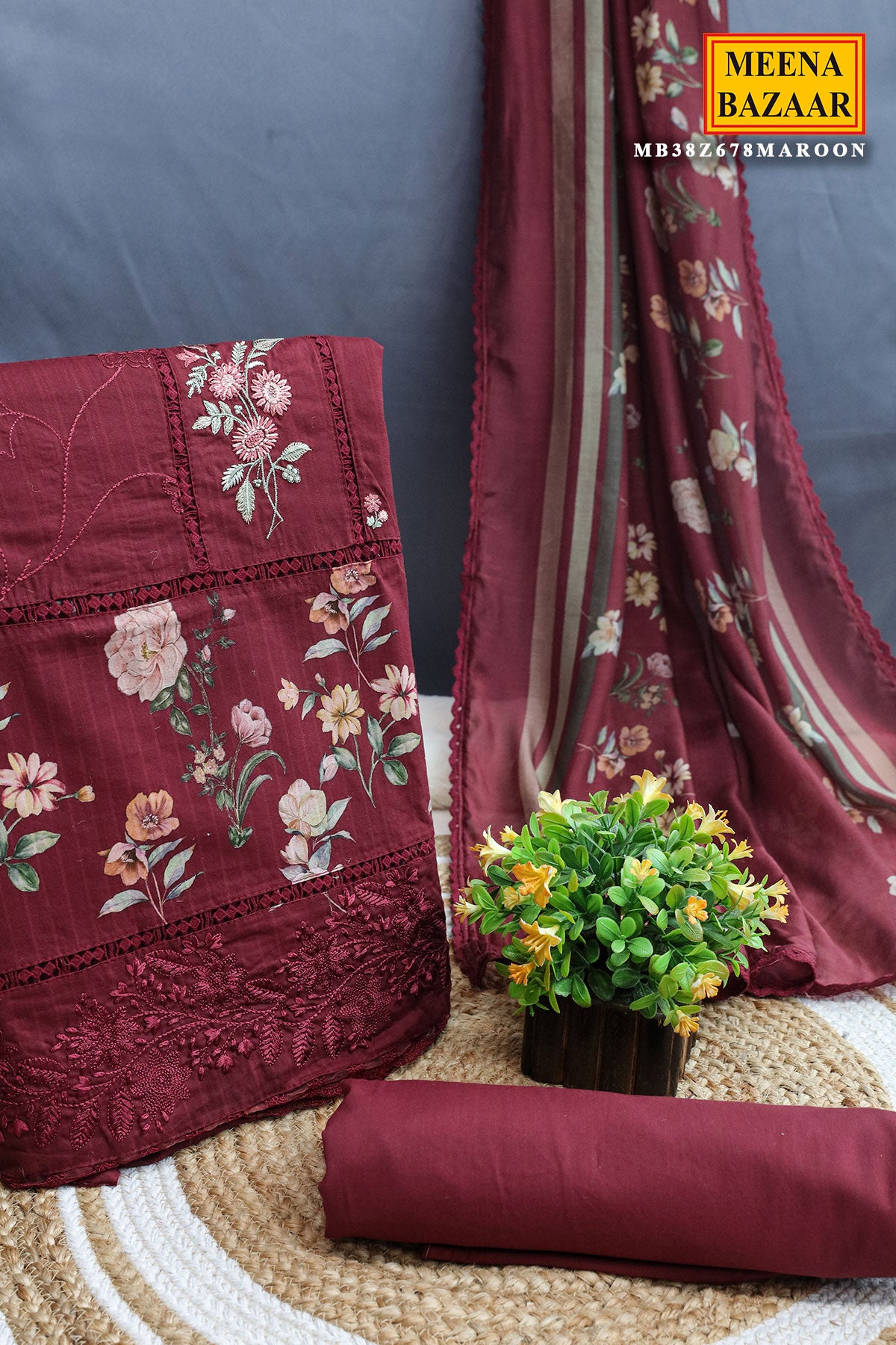 Maroon Glace Cotton Thread Embroidered Floral Printed Suit