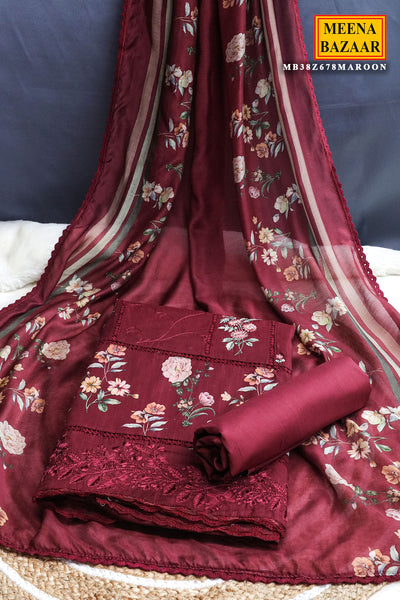 Maroon Glace Cotton Thread Embroidered Floral Printed Suit