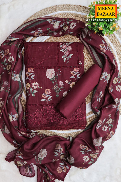 Maroon Glace Cotton Thread Embroidered Floral Printed Suit