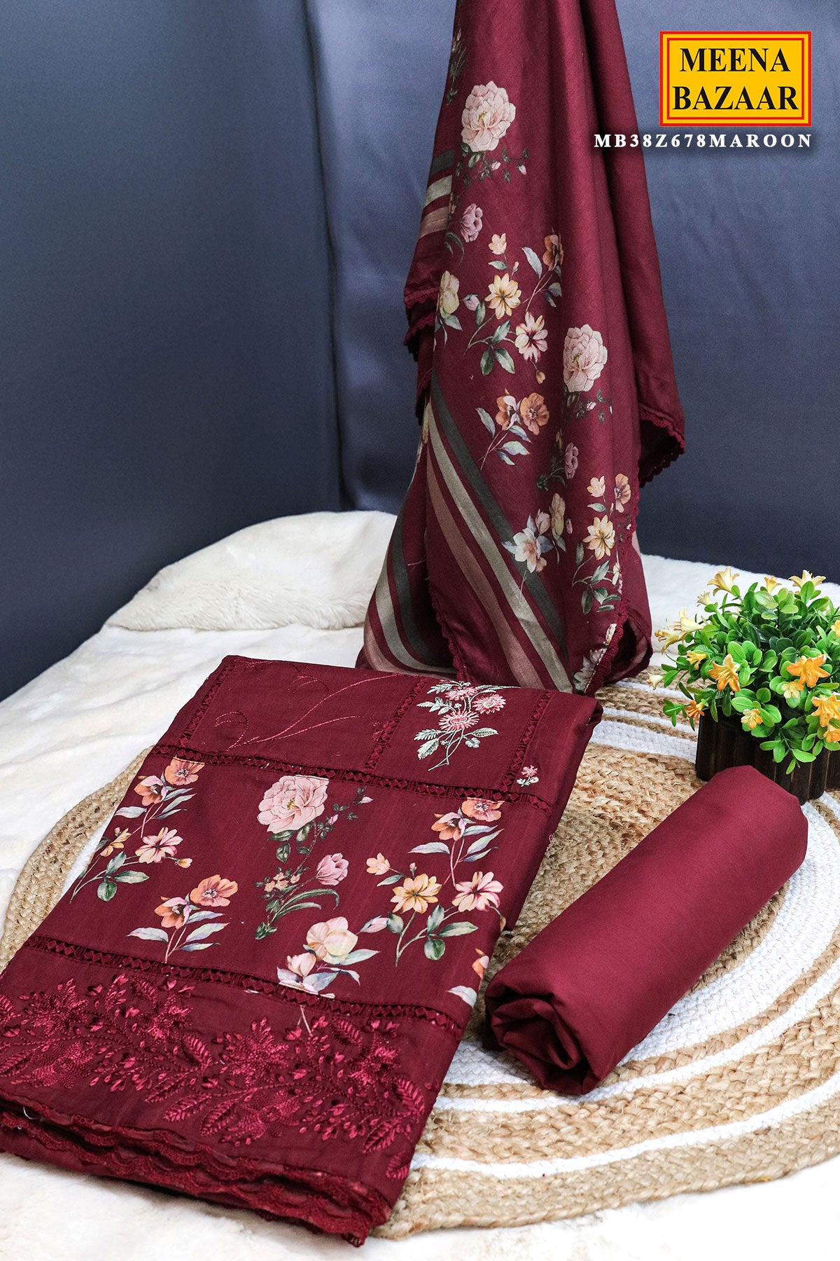 Maroon Glace Cotton Thread Embroidered Floral Printed Suit