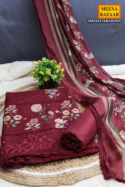 Maroon Glace Cotton Thread Embroidered Floral Printed Suit