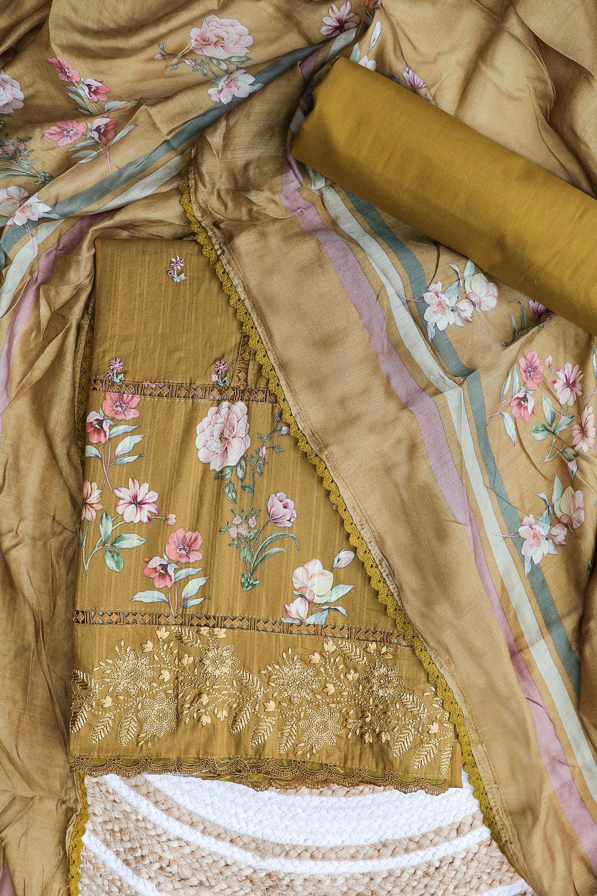 Mustard Glace Cotton Thread Embroidered Floral Printed Suit