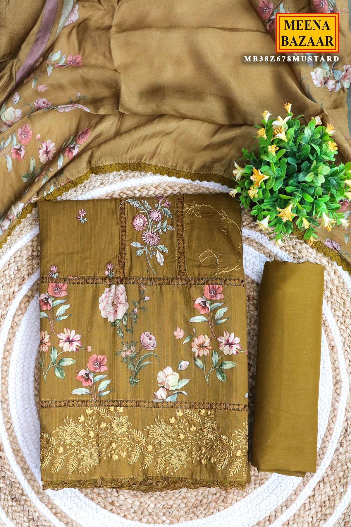 Mustard Glace Cotton Thread Embroidered Floral Printed Suit