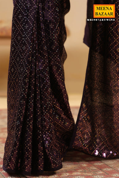 Wine Georgette Embroidered Saree Elegant Party & Festive Wear