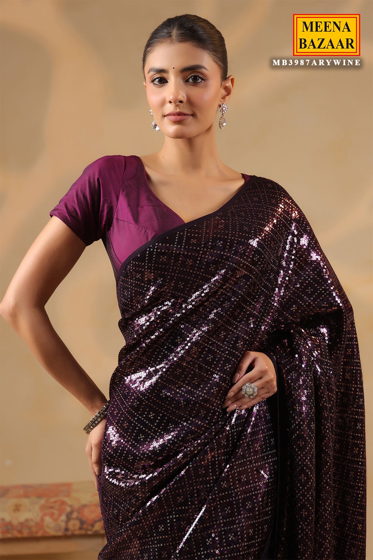 Wine Georgette Embroidered Saree Elegant Party & Festive Wear