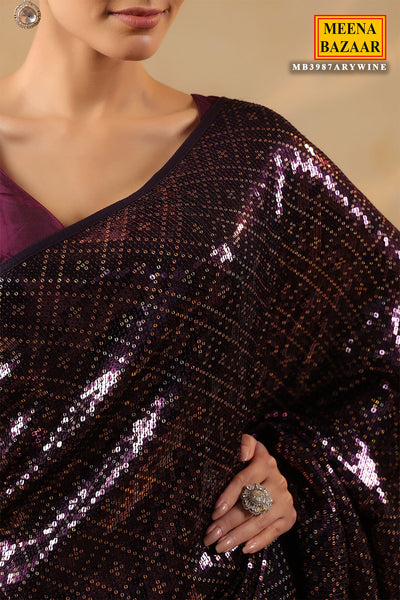 Wine Georgette Embroidered Saree Elegant Party & Festive Wear