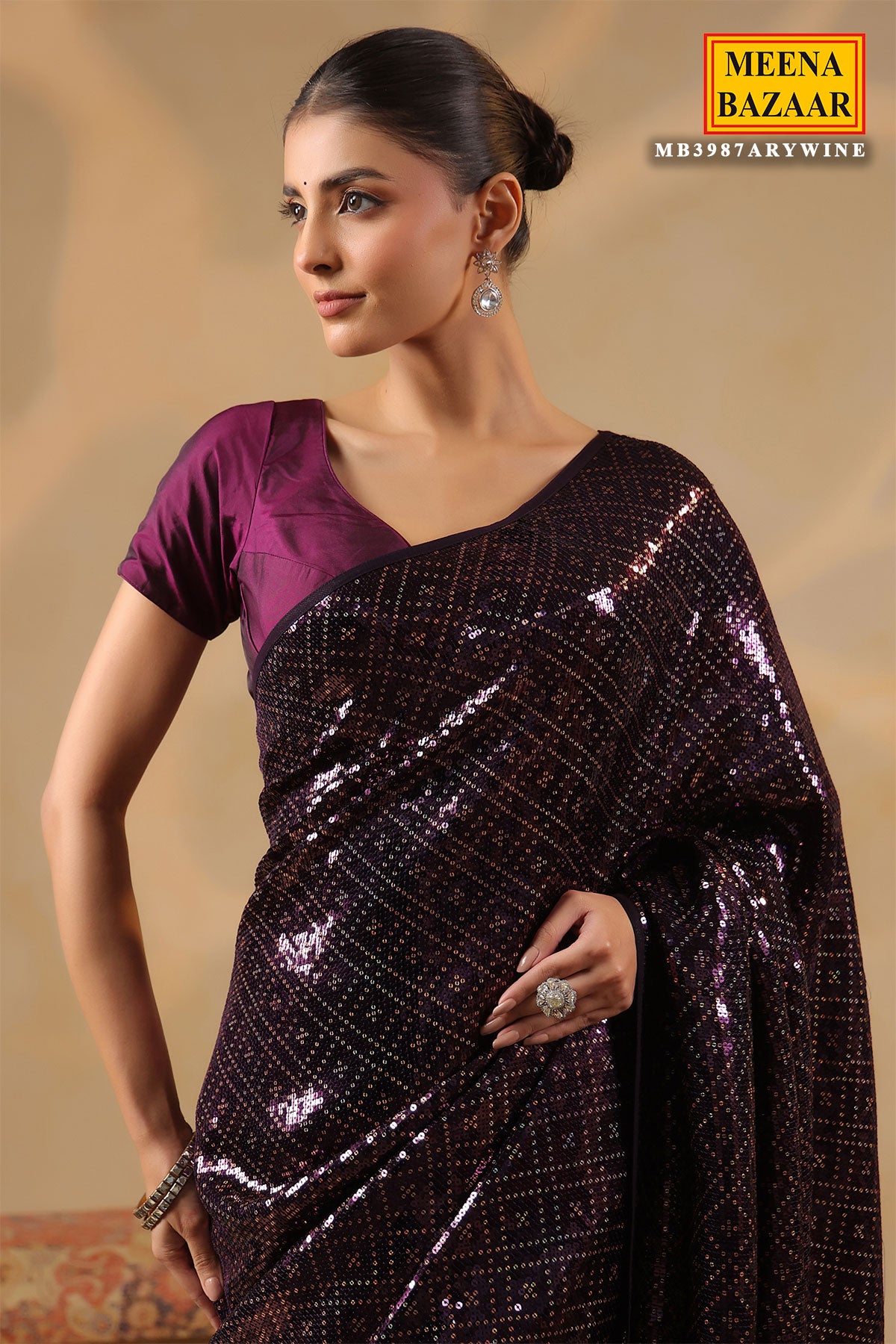 Wine Georgette Embroidered Saree Elegant Party & Festive Wear