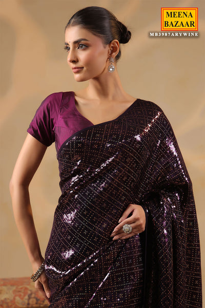 Wine Georgette Embroidered Saree Elegant Party & Festive Wear