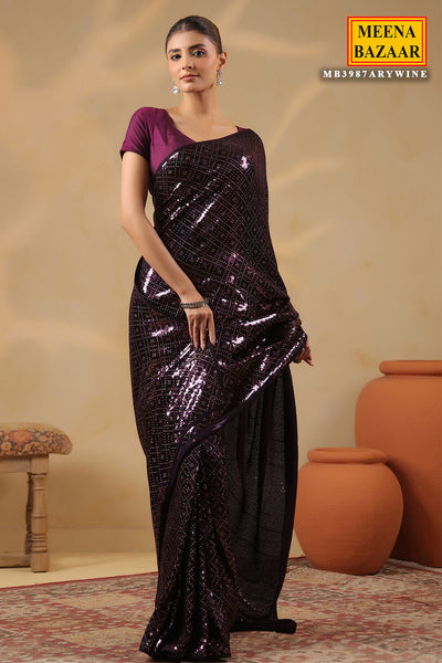 Wine Georgette Embroidered Saree Elegant Party & Festive Wear
