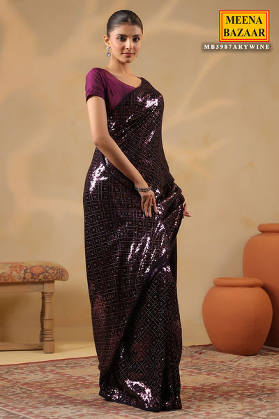 Wine Georgette Embroidered Saree Elegant Party & Festive Wear