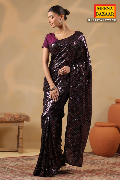 Wine Georgette Embroidered Saree Elegant Party & Festive Wear