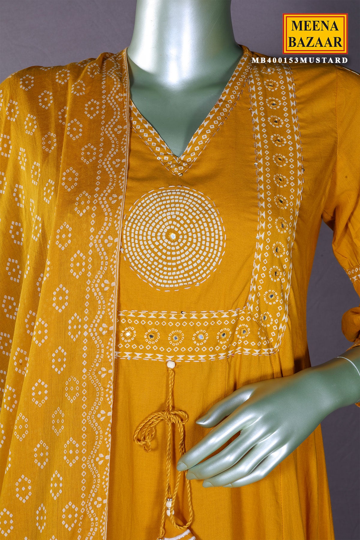 Mustard Printed Cotton Anarkali Suit With Pant Dupatta Set