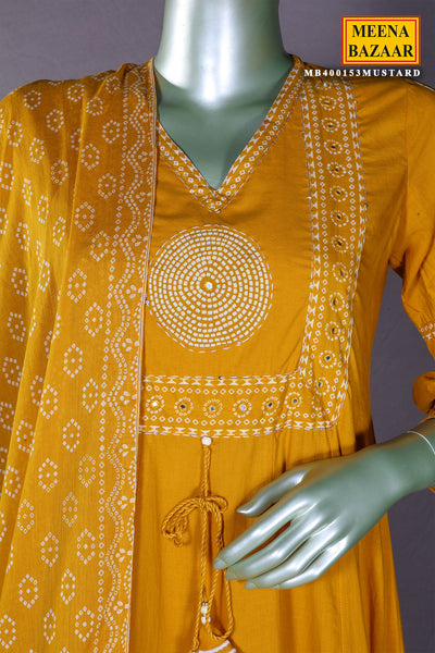 Mustard Printed Cotton Anarkali Suit With Pant Dupatta Set