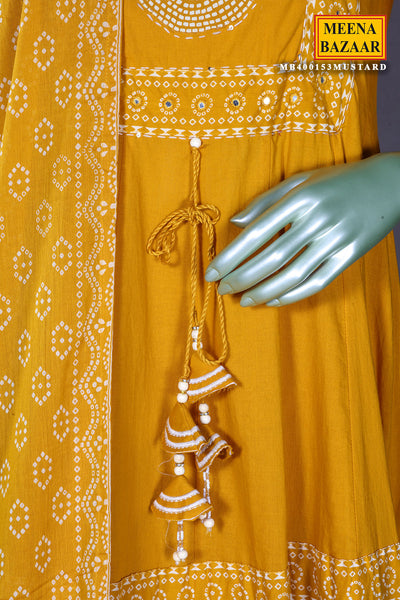 Mustard Printed Cotton Anarkali Suit With Pant Dupatta Set