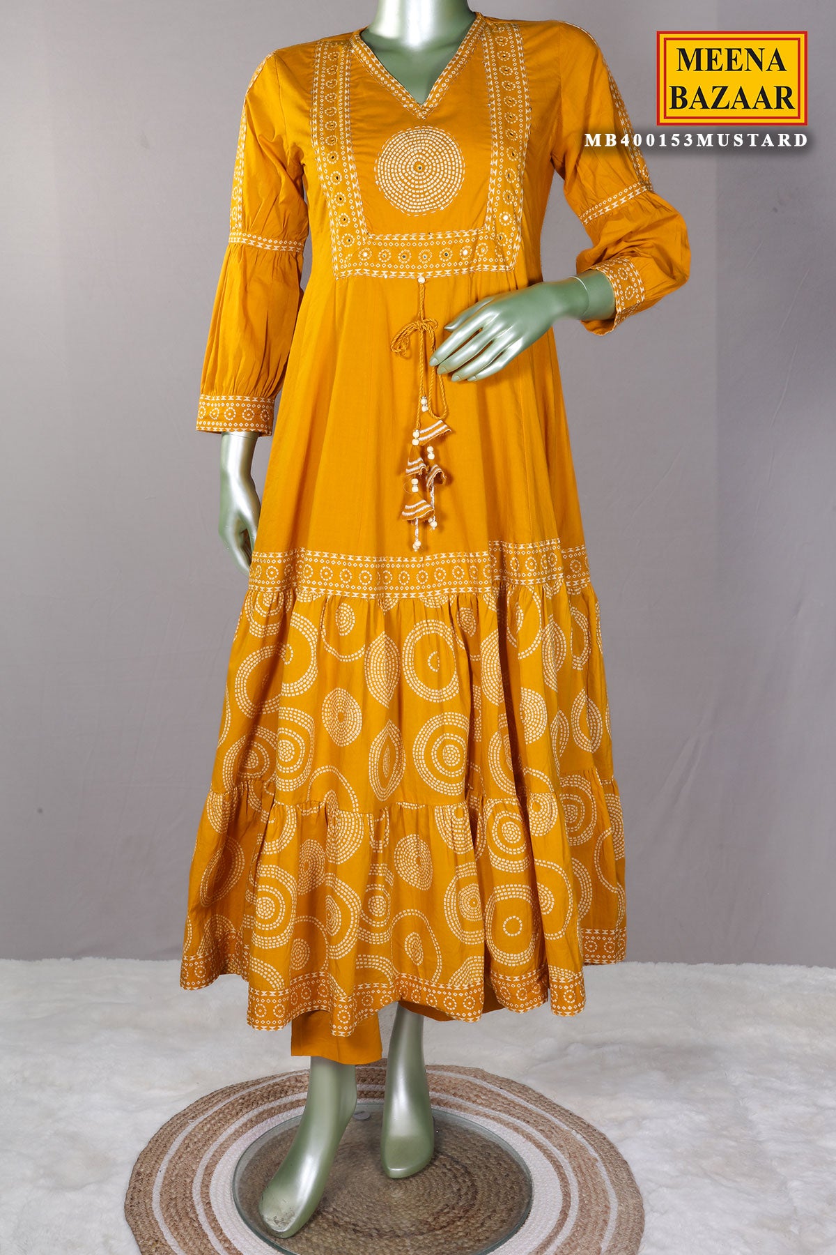 Mustard Printed Cotton Anarkali Suit With Pant Dupatta Set