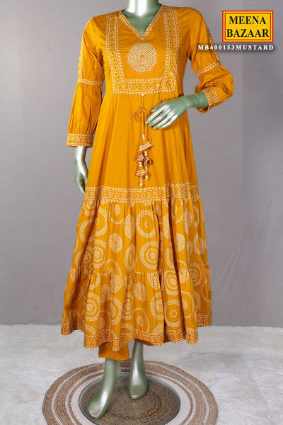 Mustard Printed Cotton Anarkali Suit With Pant Dupatta Set