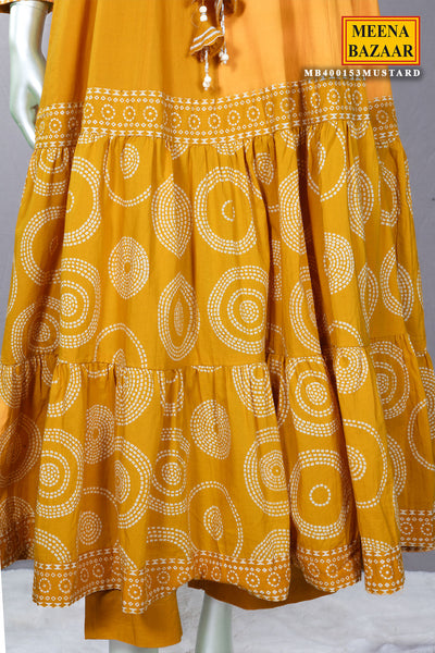 Mustard Printed Cotton Anarkali Suit With Pant Dupatta Set