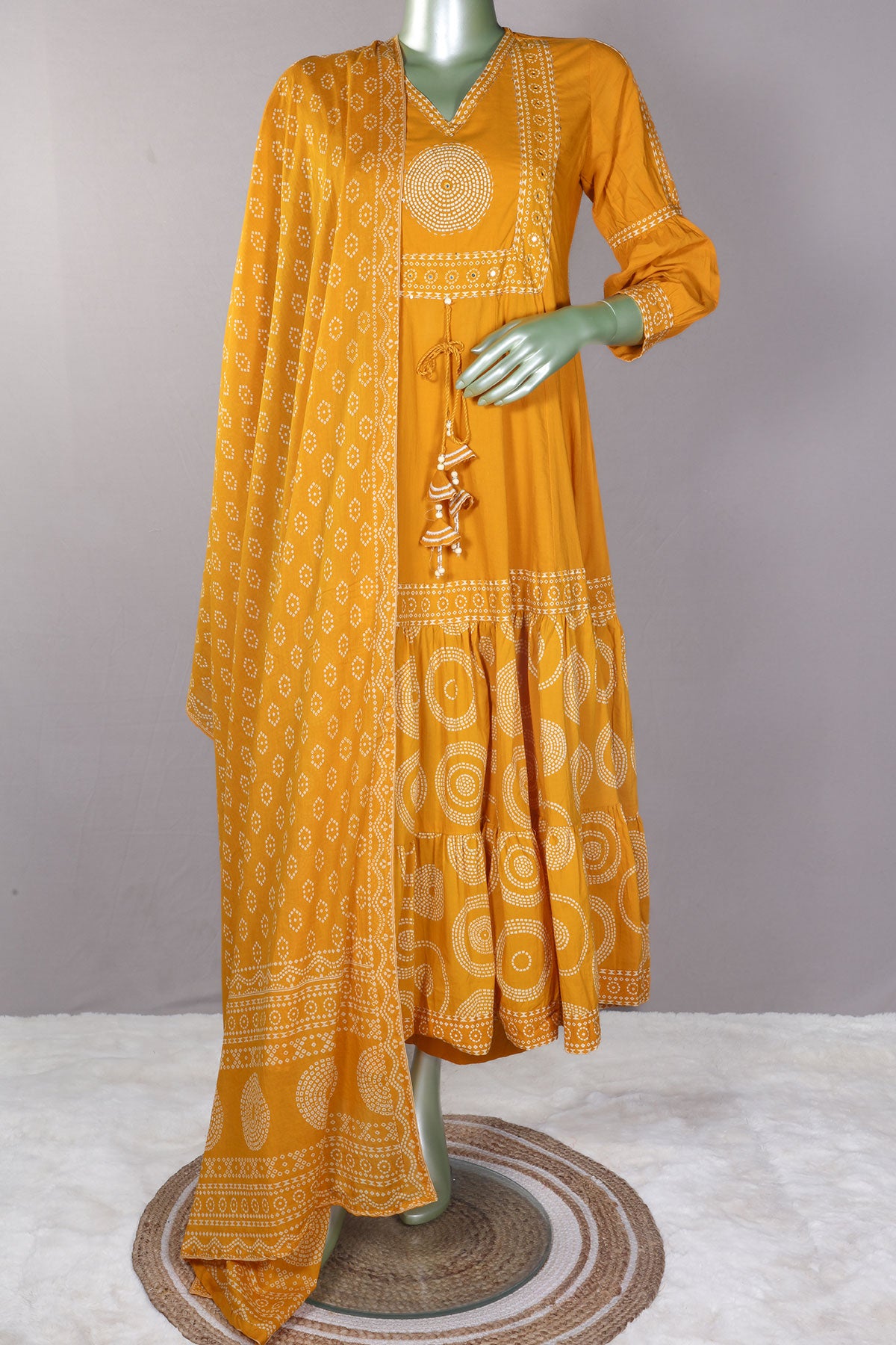 Mustard Printed Cotton Anarkali Suit With Pant Dupatta Set