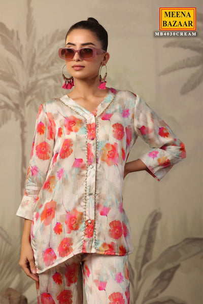 Multi-coloured Satin Floral Printed Kurti and Pant Co-ord Set