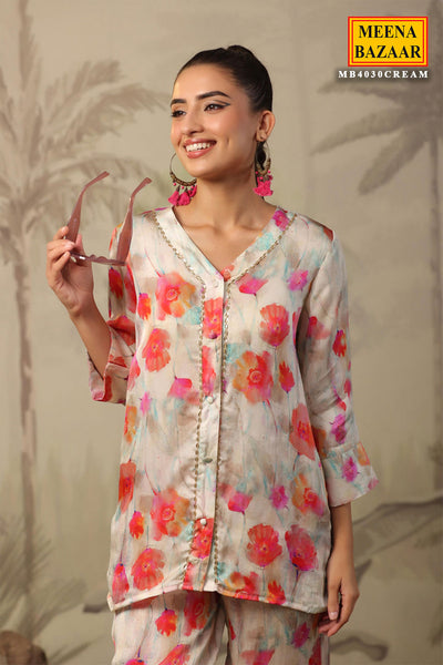 Multi-coloured Satin Floral Printed Kurti and Pant Co-ord Set