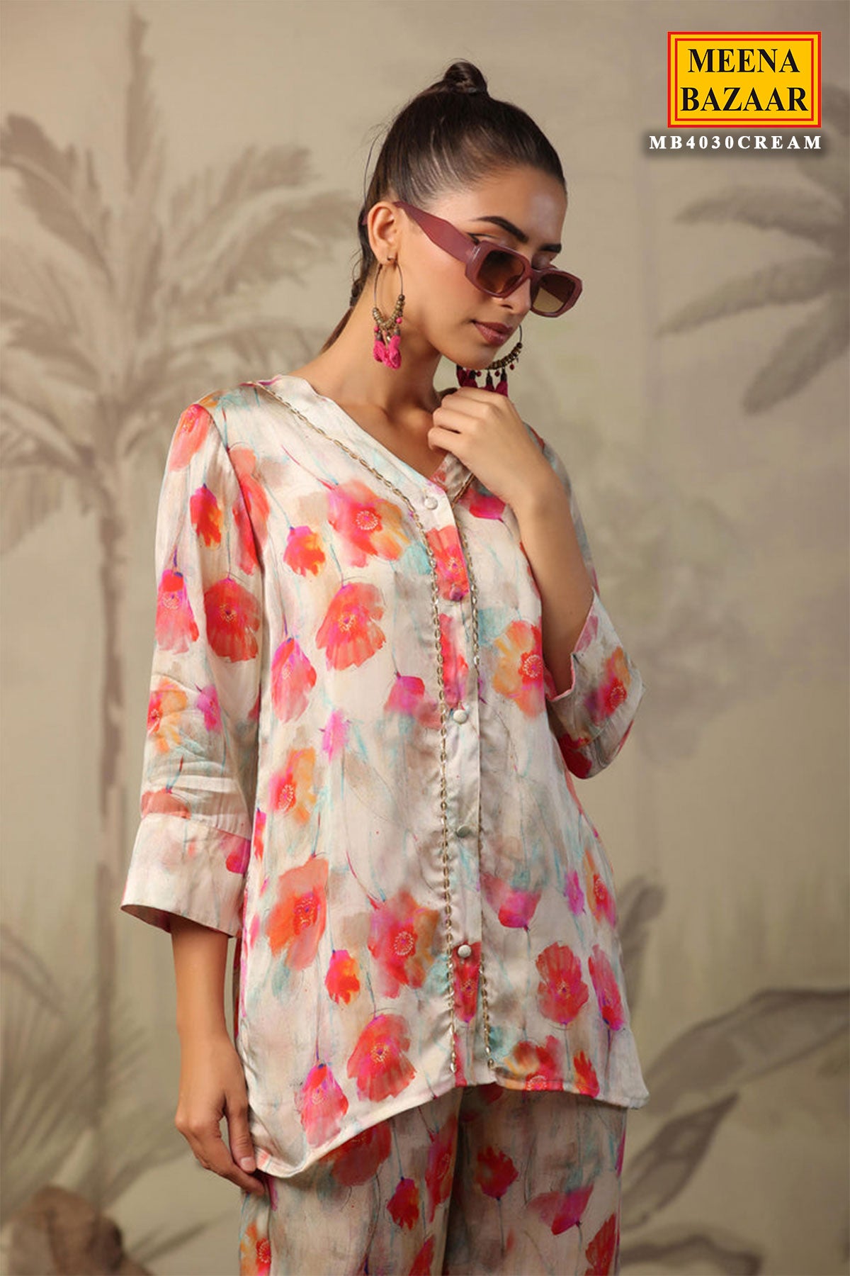 Multi-coloured Satin Floral Printed Kurti and Pant Co-ord Set