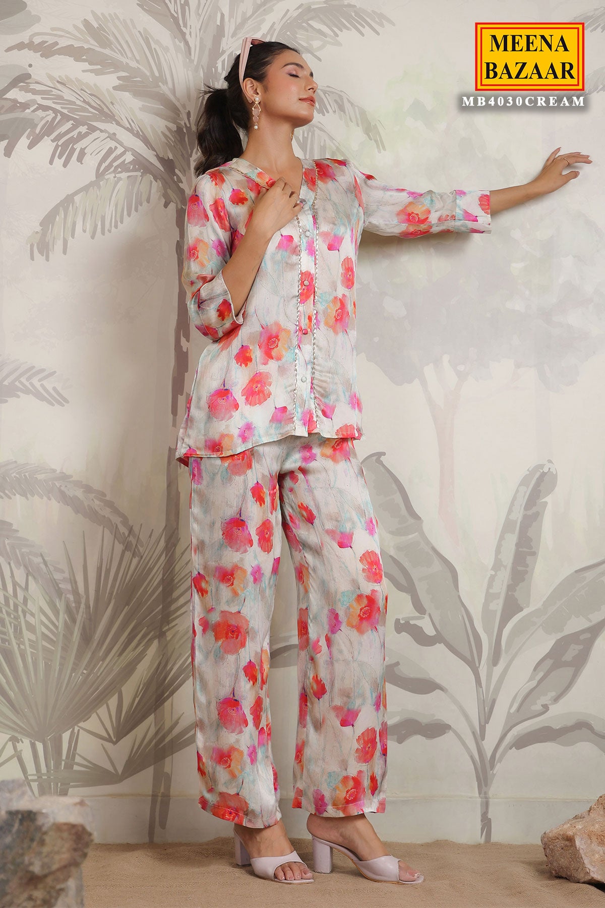 Multi-coloured Satin Floral Printed Kurti and Pant Co-ord Set