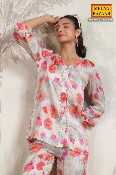 Multi-coloured Satin Floral Printed Kurti and Pant Co-ord Set