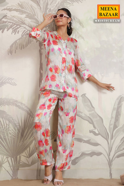 Multi-coloured Satin Floral Printed Kurti and Pant Co-ord Set